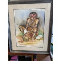 Original watercolour `Bushmen woman on food gathering exhibition`