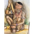 Original watercolour titled `Busmen woman preparing food`, by A vd Merwe