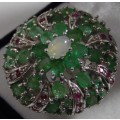 NATURAL OPAL, EMERALD, RUBY 925 STERLING SILVER RING SIZE 9,5