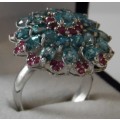 NATURAL CAMBODIAN SEA FOAM BLUE ZIRCON AND RUBY 925 STERLING SILVER RING SIZE 8.5