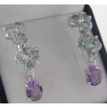 NATURAL SKY BLUE TOPAZ AND AMETHYST 925 SILVER EARRINGS