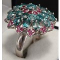 NATURAL CAMBODIAN SEA FOAM BLUE ZIRCON AND RUBY 925 STERLING SILVER RING SIZE 8.5