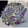GLORIOUS REAL TANZANITE AMETHYST AND ZIRCON 925 SILVER RING SIZE 9
