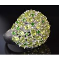 LARGE DOME SHAPE GENUINE PERIDOT &CHROME DIOPSIDE 925 SILVER RING SIZE 8