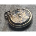 MENS SEE-THROUGH SKELETON TYPE POCKET WATCH IN EXCELLENT WORKING CONDITION