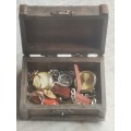 SMALL WOODEN TREASURE CHEST WITH SOME JEWELLERY AND WATCHES