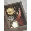 SMALL WOODEN TREASURE CHEST WITH SOME JEWELLERY AND WATCHES