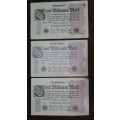 Germany - 3 x 2 Million Mark, 1923 , p104 , 3 x Different Watermark