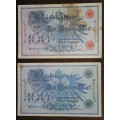 Germany - 2 x 100 Mark, 1908 , p33 and 34 , Red and Green Serial Numbers Set