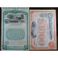 Set of 2 1885 to 1927 West Shore Railroad Company, $1000 Bond Certificate With  Coupons 33798