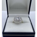 *LARGE SILVER CUBIC HALO SOLITAIRE RING* R1 BIDS