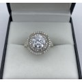 *LARGE SILVER CUBIC HALO SOLITAIRE RING* R1 BIDS