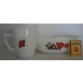 1 LOT OF 2. VINTAGE WHITE CASSEROLE MILK GLASS DISH AND MILK JUG  WITH RED ROSE DESIGN