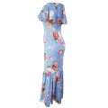 Blue With Floral Print Off Shoulder Mermaid Midi Dress Formal Cocktail Party Night Club Evening Wear