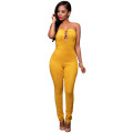 Yellow Lace Up Front Strapless Suede Feel Jumpsuit