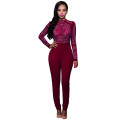 LOCAL STOCK Red Long Sleeve Rhinestone Patterned Sheer Mesh Bodice Jumpsuit