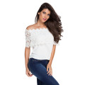 GORGEOUS WHITE FLOWER LACE SPLICED OFF SHOULDER CHIFFON TOP