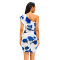 Women Blue Rose Floral Single Shoulder Frill Mini Above The Knee Night Club Party Summer Dress