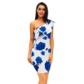 Women Blue Rose Floral Single Shoulder Frill Mini Above The Knee Night Club Party Summer Dress