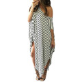 White Black Stripes Off Shoulder Asymmetric Maxi Dress Beach Summer Casual Wear