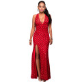 Red Diamond Sequin Pattern Sleeveless Maxi Dress Formal Cocktail Party Night Club Evening Wear