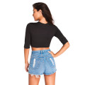 Black Lace Up Front Half Sleeve Crop Top