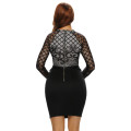 Black Mesh & Lace Upper Long Sleeve Dress Formal Cocktail Party Night Club Evening Wear
