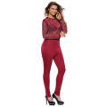 LOCAL STOCK Red Long Sleeve Rhinestone Patterned Sheer Mesh Bodice Jumpsuit