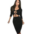 Black Lace Up Front Cut Away Midi Dress Formal Cocktail Party Night Club Evening Wear