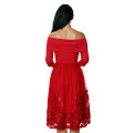Red Embroidery Lace Tulle Skirt Off Shoulder Skater Dress Formal Cocktail Party Evening Wear