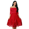 Red Embroidery Lace Tulle Skirt Off Shoulder Skater Dress Formal Cocktail Party Evening Wear