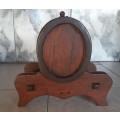 VINTAGE OVAL DISPLAY OAK WINE BARREL WITH BRASS HOOPS AND ON A CUSTOM MADE STAND