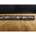 VINTAGE TIBETAN CYLINDRICAL COPPER SCROLL HOLDER ADORNED WITH BRASS DRAGONS, CHARACTERS AND SYMBOLS