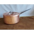 VINTAGE GEORG JENSEN TAVERNA DESIGN SOLID, THICK COPPER PAN HANDLED, LIDDED POT WITH A SILVER LINING