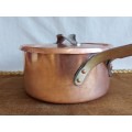 VINTAGE GEORG JENSEN TAVERNA DESIGN SOLID, THICK COPPER PAN HANDLED, LIDDED POT WITH A SILVER LINING