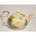 VINTAGE 1950`s AYNSLEY BONE CHINA TEAPOT, BUTTERY YELLOW WITH A LANDSCAPE MOTIF