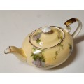 VINTAGE 1950`s AYNSLEY BONE CHINA TEAPOT, BUTTERY YELLOW WITH A LANDSCAPE MOTIF