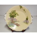 VINTAGE 1950`s AYNSLEY BONE CHINA TWIN HANDLED CAKE PLATTER, BUTTERY YELLOW WITH A LANDSCAPE MOTIF