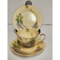 VINTAGE 1950`s AYNSLEY BONE CHINA TEA TRIO, BUTTERY YELLOW WITH A LANDSCAPE MOTIF