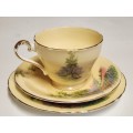 VINTAGE 1950`s AYNSLEY BONE CHINA TEA TRIO, BUTTERY YELLOW WITH A LANDSCAPE MOTIF