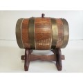 VINTAGE OAK WINE BARREL WITH BRASS HOOPS ON A CUSTOM MADE STAND