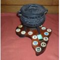 1995 RUGBY WORLD CUP POTJIE POT ON AN AFRICA SHAPED WOODEN PLAQUE
