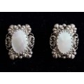 Vintage Silver Plated Large Clip On Earrings with Genuine Mother of Pearl