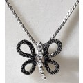 9ct White Gold Chain with Dragonfly Pendant Encrusted with Black and Clear Diamonds