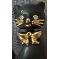 Vintage Gold Plated Artini Signed Cat Brooch with Black Enamel