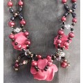 Vintage Pretty Wine Red and Near Black Freshwater Pearl Necklace with Roses