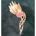 Vintage Gold Tone Flower Brooch with Pink Rhinestones