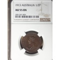 1913 AUSTRALIA ½ Penny NGC GRADED AU 55 BN [ONLY TWO COINS GRADED BETTER]