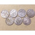 A LOT OF 7 SA UNION SILVER THREEPENCE COINS [9,7 g]