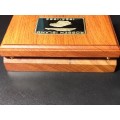 EMPTY SOLID WOODEN COIN BOX IN EXCELLENT CONDITION.